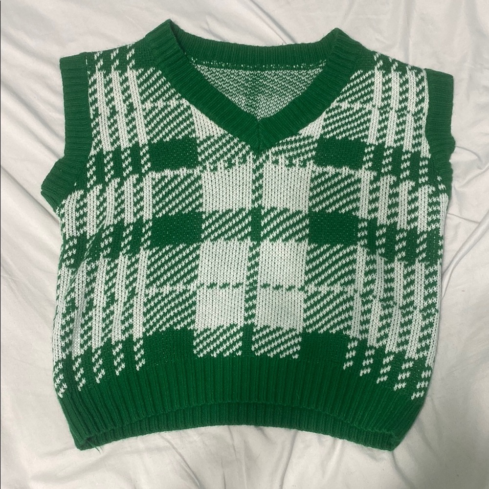 Green and White Plaid Knit Vest